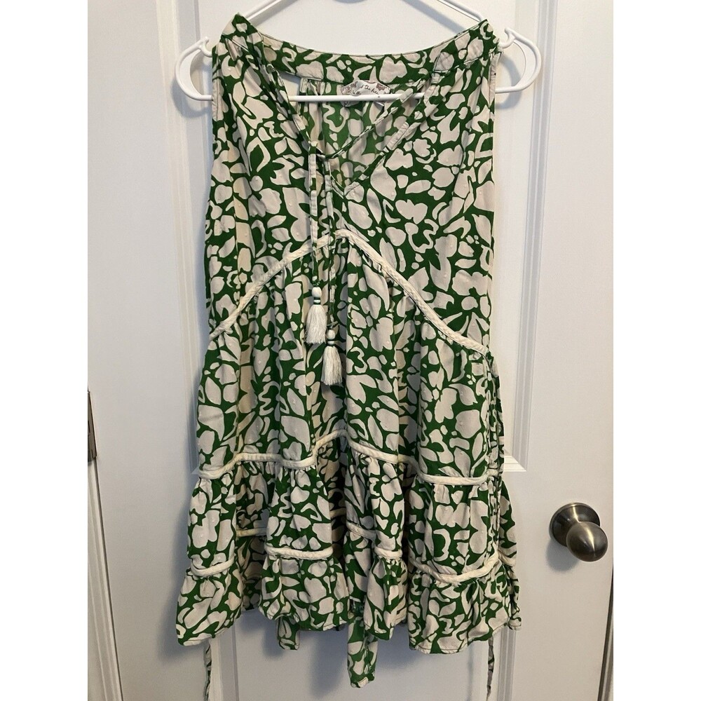 BOG Band of the Free Green Floral Mini Dress medium Boho Sleeveless v-neck ties